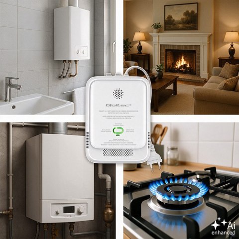 Qoltec Certyfikowany Czujnik 2w1 wycieku gazu ziemnego i tlenku węgla (czadu) | detektor CH4 | CO | NG | Tuya | Wi-Fi | alarm 85