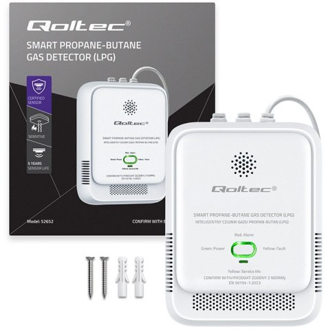 Qoltec Certyfikowany Czujnik wycieku gazu Propan-Butan | detektor LPG | alarm 85dB | LED