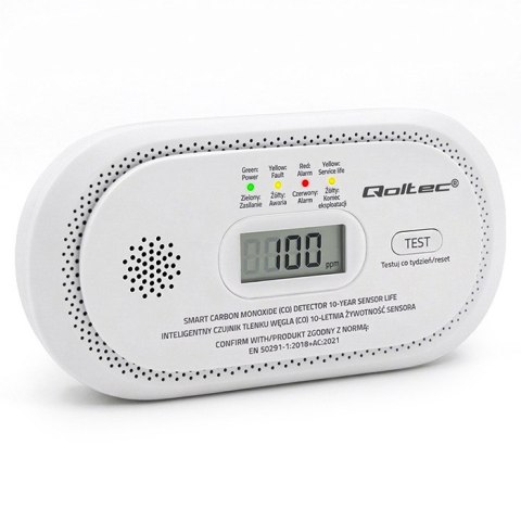 Qoltec Certyfikowany bezprzewodowy Czujnik tlenku węgla (czadu) | detektor CO | żywotność sensora 10 lat | alarm 85dB | LCD | Di