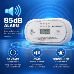 Qoltec Certyfikowany bezprzewodowy Czujnik tlenku węgla (czadu) | detektor CO | żywotność sensora 10 lat | alarm 85dB | LCD | Di