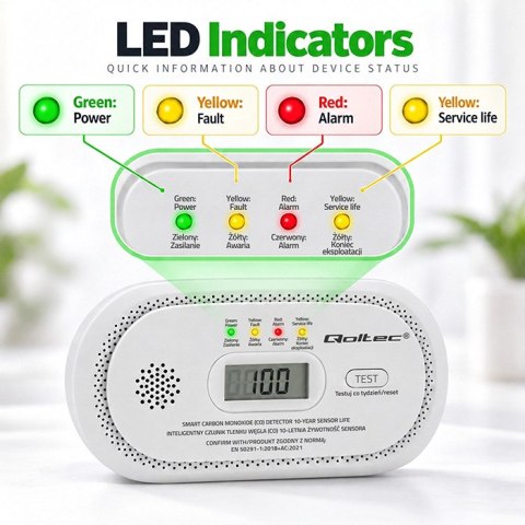 Qoltec Certyfikowany bezprzewodowy Czujnik tlenku węgla (czadu) | detektor CO | żywotność sensora 10 lat | alarm 85dB | LCD | Di