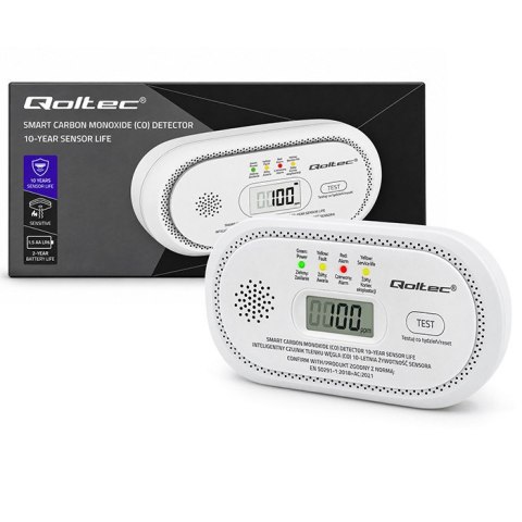Qoltec Certyfikowany bezprzewodowy Czujnik tlenku węgla (czadu) | detektor CO | żywotność sensora 10 lat | alarm 85dB | LCD | Di