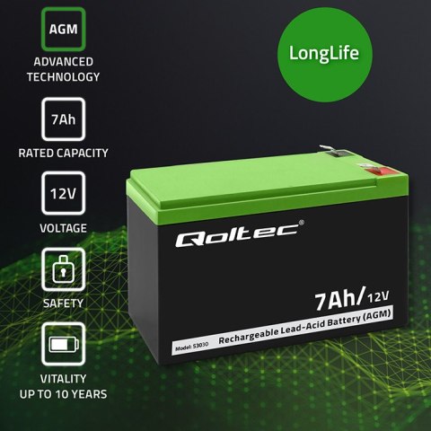Qoltec Akumulator AGM | 12V | 7Ah | Bezobsługowy | Wydajny | LongLife | do UPS, security