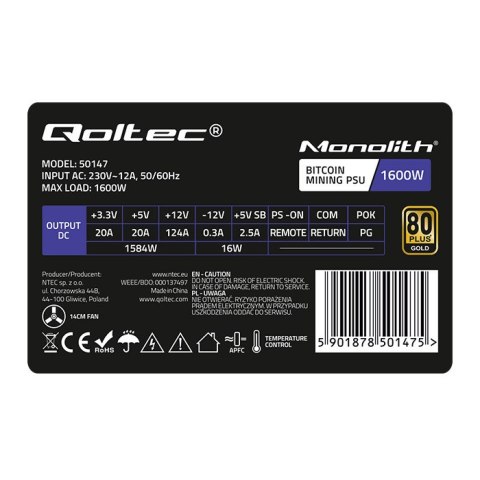 Qoltec Zasilacz ATX 1600W | 80 Plus Gold | Data mining