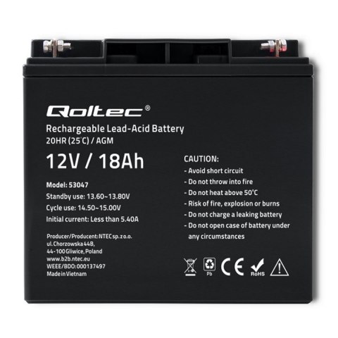 Qoltec Akumulator AGM | 12V | 18Ah | Bezobsługowy | Wydajny | LongLife | do UPS, skutera