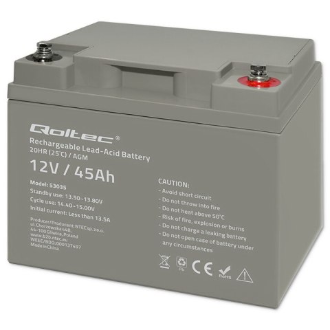 Qoltec Akumulator AGM | 12V | 45Ah | Bezobsługowy | Mocny | LongLife | do UPS, kampera, łodzi, pieca