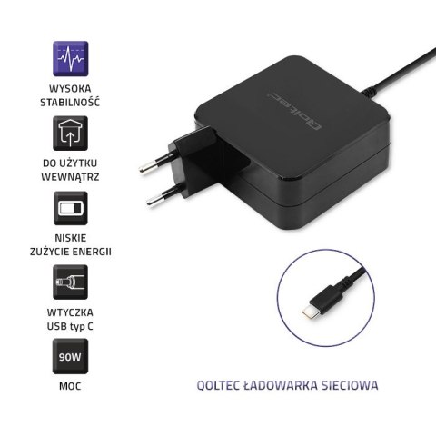 Qoltec Ładowarka sieciowa 90W | 20.3V | 4.5A | USB typ C | Laptop | Smartfon