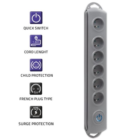 Qoltec Listwa zasilająca antyprzepięciowa | 6 gniazd | 3m | Szara