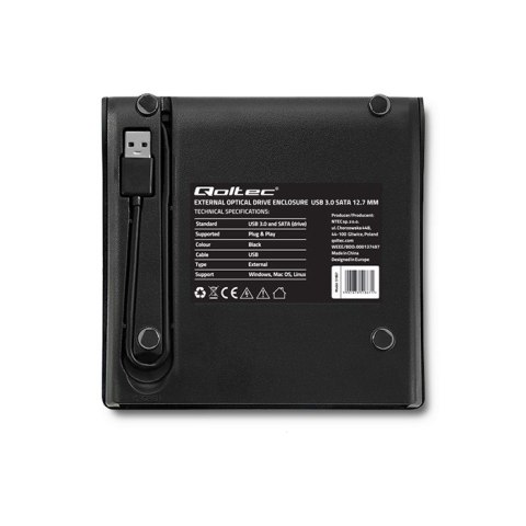 Qoltec Obudowa/kieszeń na napęd optyczny CD/DVD SATA | USB 3.0 | 12.7mm | wbudowany kabel
