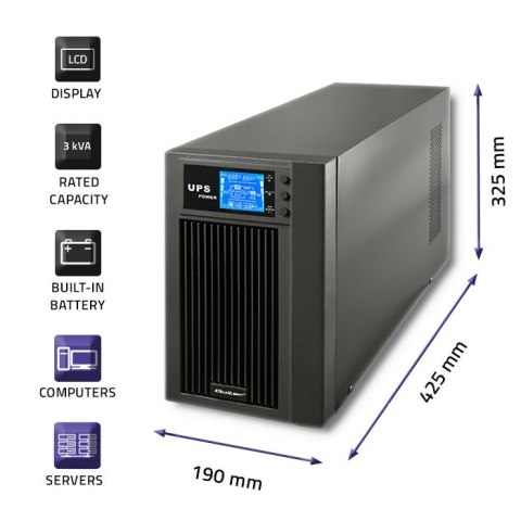 Qoltec Zasilacz awaryjny UPS On-line | Pure Sine Wave | 3kVA | 2.4kW | LCD | USB