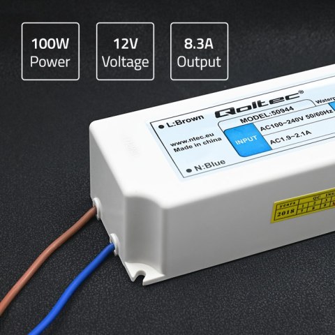 Qoltec Zasilacz impulsowy LED IP67 | 100W | 12V | 8.3A | Wodoodporny | Biały