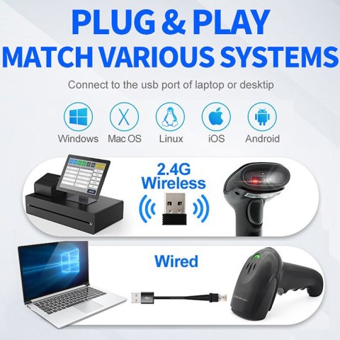 Qoltec Bezprzewodowy skaner czytnik kodów kreskowych i QR | 1D 2D | USB | 2.4G | Szybki