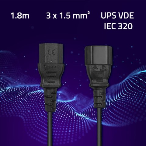 Qoltec Kabel przedłużający zasilający IEC C13/C14 | 3x1.5mm² | 1.8m