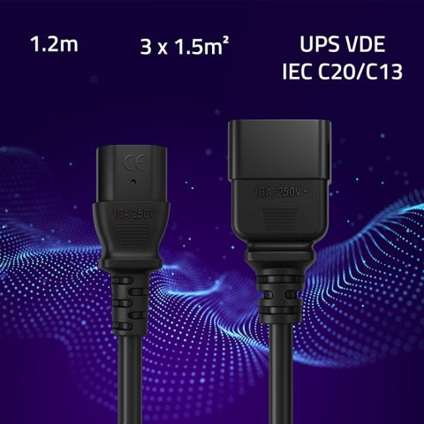 Qoltec Kabel przedłużający zasilający IEC C20/C13 | 3x1.5mm² | 1.2m