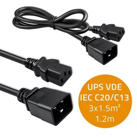 Qoltec Kabel przedłużający zasilający IEC C20/C13 | 3x1.5mm² | 1.2m