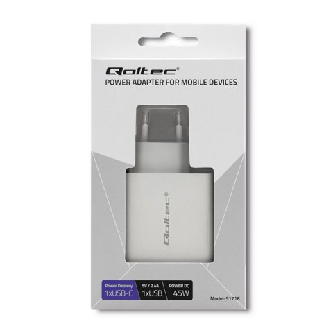 Qoltec Ładowarka sieciowa 45W | 5-20V | 2.4-3A | USB typ C PD | USB 3.0 | Biała