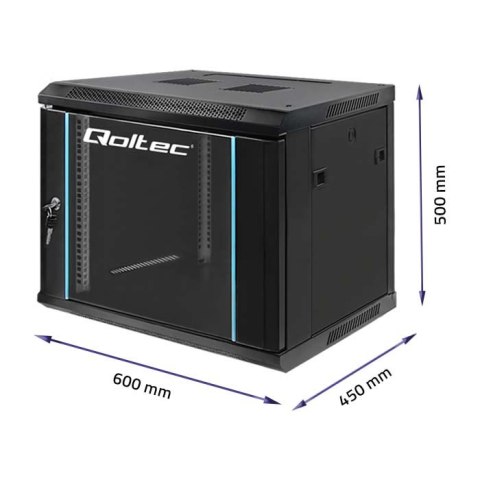 Qoltec Szafa RACK 19" | 9U | 600 x 500 x 450 | Hartowane drzwi | Wisząca | Stalowa obudowa | Zamek | Czarna