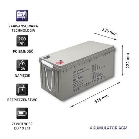 Qoltec Akumulator AGM | 12V | 200Ah | 54.1kg | Bezobsługowy | Mocny | LongLife | do UPS, kampera, łodzi, pieca