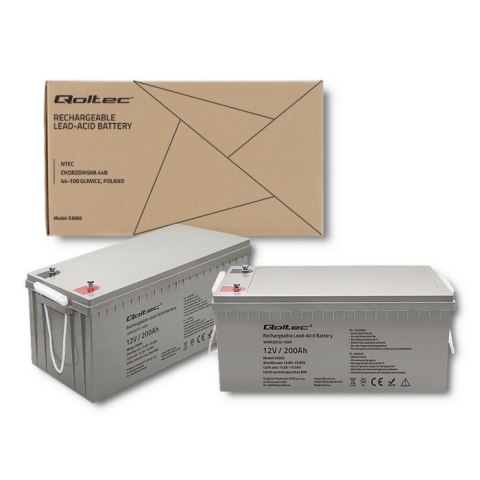 Qoltec Akumulator AGM | 12V | 200Ah | 54.1kg | Bezobsługowy | Mocny | LongLife | do UPS, kampera, łodzi, pieca