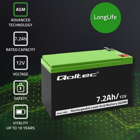 Qoltec Akumulator AGM | 12V | 7.2Ah | Bezobsługowy | Wydajny | LongLife | do UPS, security