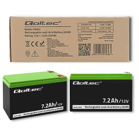 Qoltec Akumulator AGM | 12V | 7.2Ah | Bezobsługowy | Wydajny | LongLife | do UPS, security