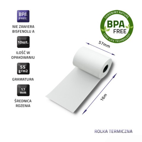 Qoltec Rolka termiczna 57 x 16 | 55g/m2 | 10szt. | BPA free