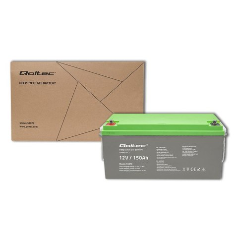 Qoltec Akumulator żelowy Deep Cycle | 12V | 150Ah | 44.5kg | Bezobsługowy | Professional | LongLife | PV, UPS, kamper