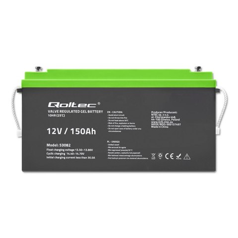 Qoltec Akumulator żelowy GEL | 12V | 150Ah | 41.8kg | Bezobsługowy | Professional | LongLife | PV, UPS, kamper, łódź