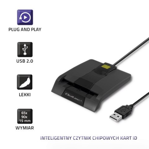 Qoltec Inteligentny czytnik chipowych kart ID SCR-0634 | USB 2.0 + Adapter USB-C