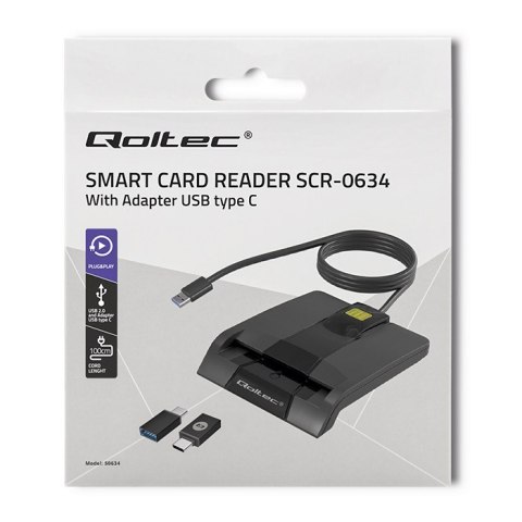 Qoltec Inteligentny czytnik chipowych kart ID SCR-0634 | USB 2.0 + Adapter USB-C