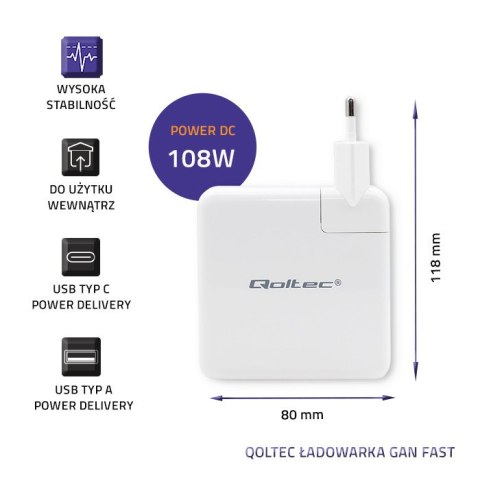 Qoltec Ładowarka GaN FAST 108W | 5-20V | 3-4.7A | USB C | Laptop | Smartfon | Biała