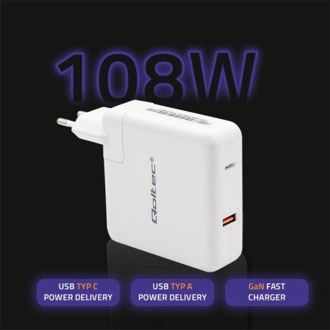 Qoltec Ładowarka GaN FAST 108W | 5-20V | 3-4.7A | USB C | Laptop | Smartfon | Biała