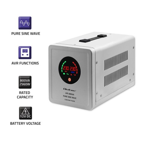 Qoltec Zasilacz awaryjny UPS 800VA/560 | Przetwornica 12/230V z AVR | SF | Sinus