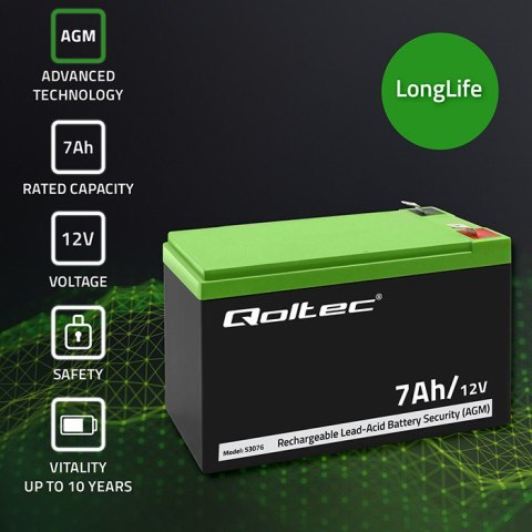 Qoltec Akumulator AGM | 12V | 7Ah | Bezobsługowy | Wydajny | LongLife | do UPS, security