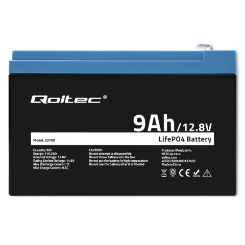 Qoltec Akumulator LiFePO4 Litowo-Żelazowo-Fosforanowy | 12.8V | 9Ah | 115.2Wh | BMS