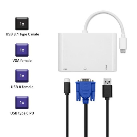 Qoltec Hub Adapter USB-C 3.1 3w1 | USB 3.0 | VGA | USB-C 3.1 PD 92W