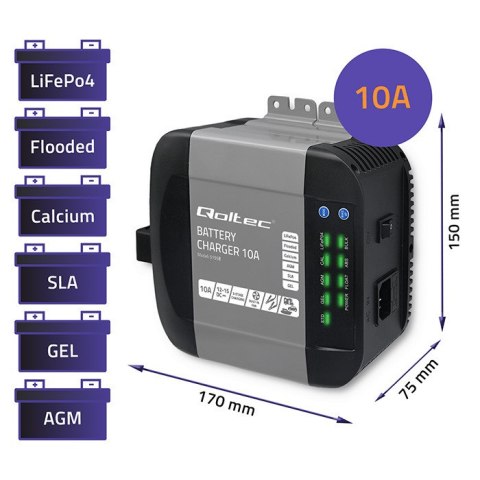 Qoltec Inteligentna ładowarka Monolith do akumulatorów LiFePO4 AGM GEL SLA | 10A | 12V