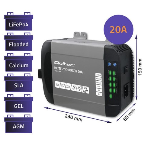 Qoltec Inteligentna ładowarka Monolith do akumulatorów LiFePO4 AGM GEL SLA | 20A | 12V