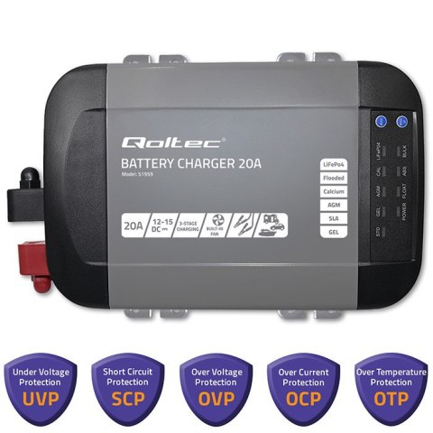 Qoltec Inteligentna ładowarka Monolith do akumulatorów LiFePO4 AGM GEL SLA | 20A | 12V