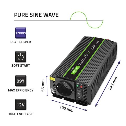 Qoltec Przetwornica napięcia Monolith | 600W | 1200W | 12V na 230V | Czysty Sinus