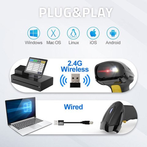 Qoltec Bezprzewodowy skaner czytnik kodów kreskowych i QR | 1D 2D | USB | 2.4G