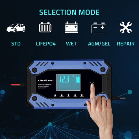 Qoltec Inteligentna ładowarka do akumulatora STD AGM GEL LiFePO4 | Prostownik z funkcją naprawy |12-24V |10A | LCD | 9 - stopnio