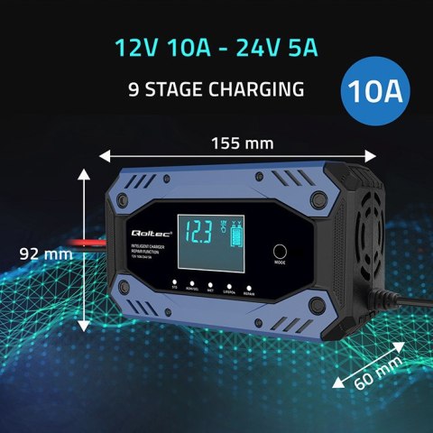 Qoltec Inteligentna ładowarka do akumulatora STD AGM GEL LiFePO4 | Prostownik z funkcją naprawy |12-24V |10A | LCD | 9 - stopnio