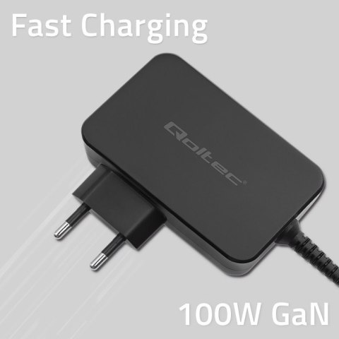 Qoltec Ładowarka GaN POWER PRO | 1xUSB-C | 100W | 5-20V | 3-5A | Laptop | Smartfon | Czarna