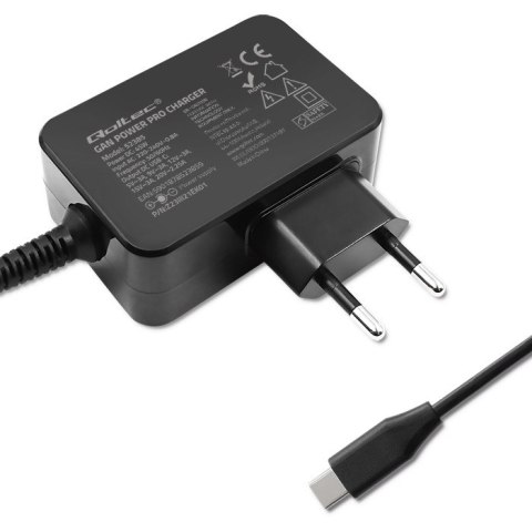 Qoltec Ładowarka GaN POWER PRO | 1xUSB-C | 45W | 5-20V | 2.25-3A | Laptop | Smartfon | Czarna