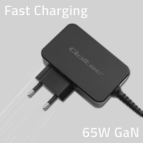 Qoltec Ładowarka GaN POWER PRO | 1xUSB-C | 65W | 5-20V | 3-3.25A | Laptop | Smartfon | Czarna