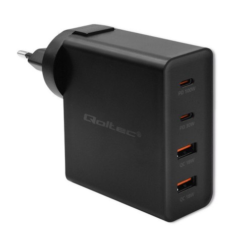 Qoltec Ładowarka GaN POWER PRO | 2xUSB-C | 2xUSB | 130W | 5-20V | 1.5-5A | PD | Laptop | Smartfon | Czarna
