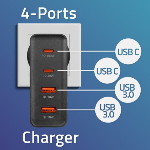 Qoltec Ładowarka GaN POWER PRO | 2xUSB-C | 2xUSB | 130W | 5-20V | 1.5-5A | PD | Laptop | Smartfon | Czarna