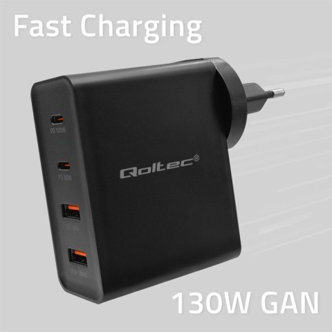 Qoltec Ładowarka GaN POWER PRO | 2xUSB-C | 2xUSB | 130W | 5-20V | 1.5-5A | PD | Laptop | Smartfon | Czarna