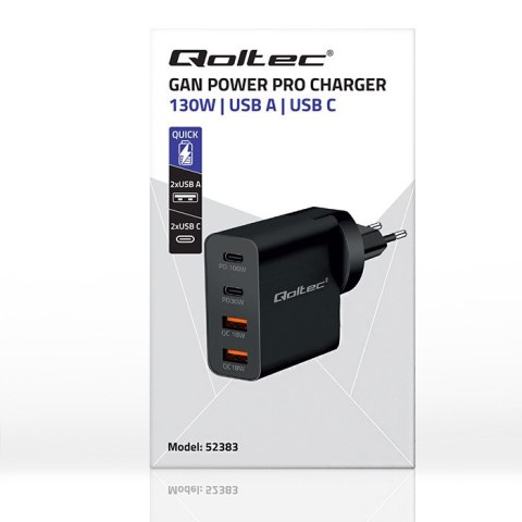Qoltec Ładowarka GaN POWER PRO | 2xUSB-C | 2xUSB | 130W | 5-20V | 1.5-5A | PD | Laptop | Smartfon | Czarna